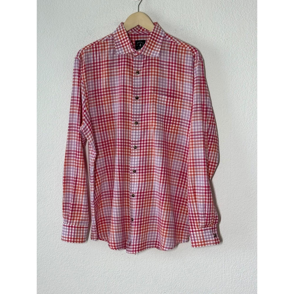 Johnnie-O Top Shelf Large Shula Gingham Button Down Shirt Red Pink Check Cotton